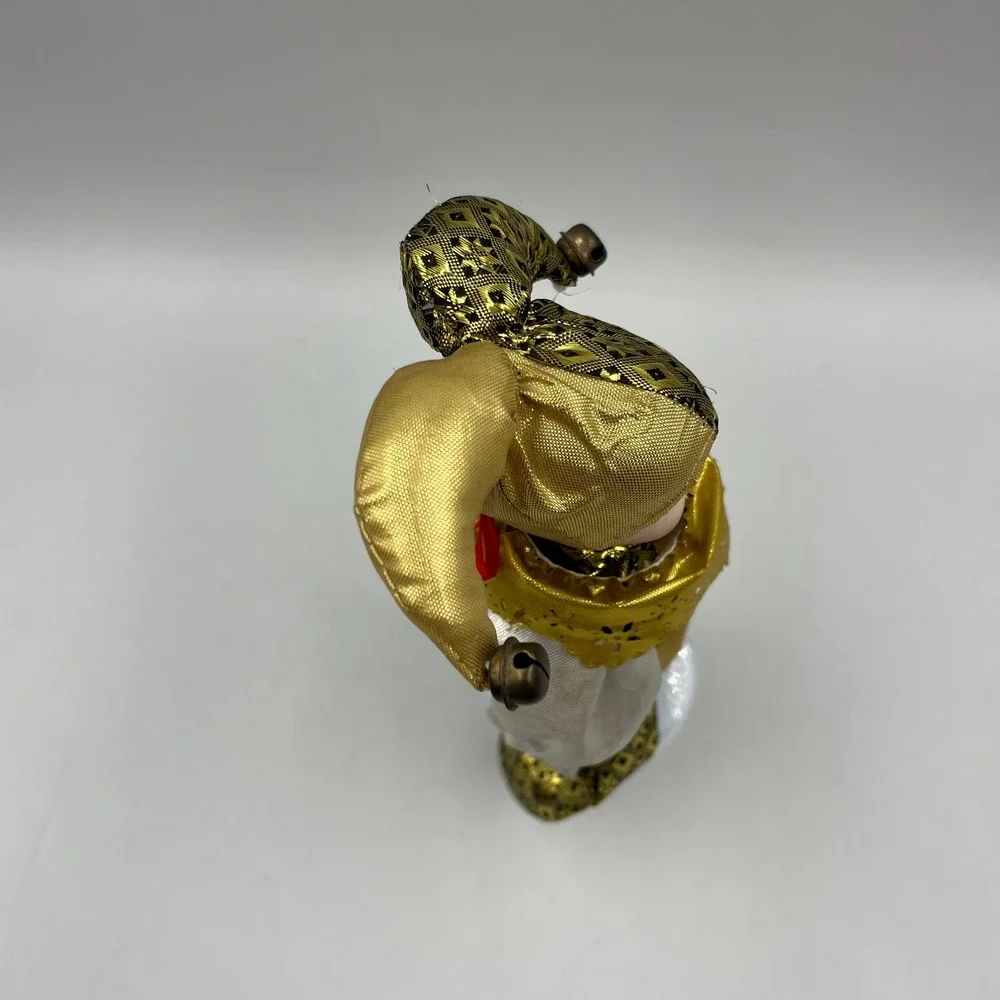 Vintage Porcelain Harlequin Jester Doll Gold Silver Metallic 8.5 Inch with Stand